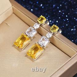 4Ct Emerald Cut Lab-Created Citrine Dangle Earrings 14k White Gold Plated Silver