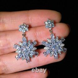 4Ct Oval Cut Diamond Snowflake Dangling Earrings 14K White Gold Finish