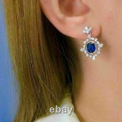 4Ct Oval Cut Simulated Blue Sapphire Drop/Dangle Earrings 14K White Gold Plated