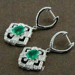 4Ct Oval Cut Simulated Emerald Drop Dangle Earrings 14k White Gold Plated Silver