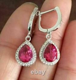 4Ct Pear Cut Red Ruby Diamond Halo Drop & Dangle Earrings 14K White Gold Finish