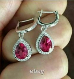 4Ct Pear Cut Red Ruby Diamond Halo Drop & Dangle Earrings 14K White Gold Finish