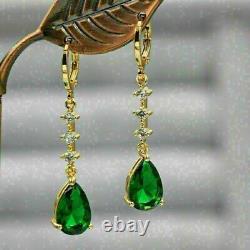 4Ct Pear Cut Simulated Green Emerald Drop/Dangle Earrings 14K Yellow Gold Finish