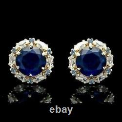 4Ct Round Cut Simulated Blue Sapphire Halo Stud Earrings 14K Yellow Gold Plated