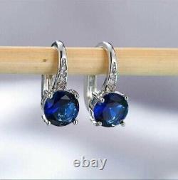 4Ct Round Lab-Created Blue Sapphire Drop Dangle Earrings 14K White Gold Finish