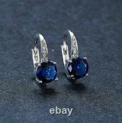 4Ct Round Lab-Created Blue Sapphire Drop Dangle Earrings 14K White Gold Finish