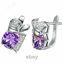 4.20 Ct Oval Lab Created Amethyst Elephant Stud Earrings 14K White Gold Finish