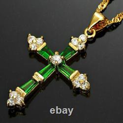 4 CT Baguette Cut Green Emerald Labcreated Cross Pendant 14K Yellow Gold Finish