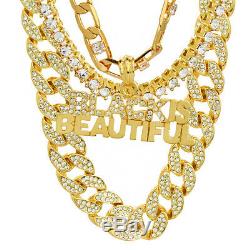 4pc Choker Cuban /Tennis Chain 14k Gold PT Hip Hop Black Is Beautiful Cz Pendant