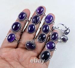 50 Pieces Natural Purple Amethyst Gemstone Silver Plated Designer Ring Jewelry