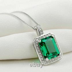 5Ct Emerald Cut Labcreated Emerald Halo Pendant Necklace 14k White Gold Finish