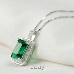 5Ct Emerald Cut Labcreated Emerald Halo Pendant Necklace 14k White Gold Finish