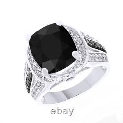 7.58Ct Cushion & Round Cut Black Spinel With White Topaz Silver Ring