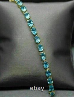 8CT Oval Cut Simulated Blue Topaz Tennis Bracelet Real 925Yellow Sterling Silver