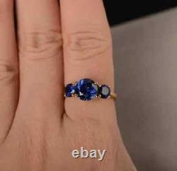 8MM Simulated Blue Sapphire Three Stone Bday Ring 14K Yellow Gold Plated Silver