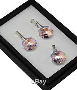 925 SILVER Earrings/Set Rosaline AB 14mm OCTAGON Crystals from Swarovski