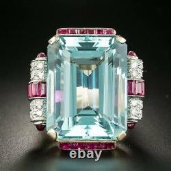 925 Sterling Silver Cubic Zirconia 50ct Emerald Cut Aqua Square Ring with Ruby