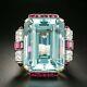 925 Sterling Silver Cubic Zirconia 50ct Emerald Cut Aqua Square Ring With Ruby