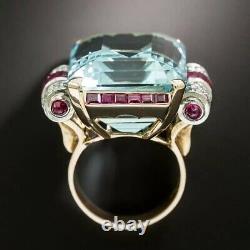 925 Sterling Silver Cubic Zirconia 50ct Emerald Cut Aqua Square Ring with Ruby