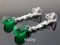 925 Sterling Silver Earrings Cubic Zirconia Green Pear Baguette Long Dangle
