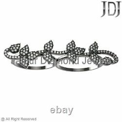 925 Sterling Silver Natural Pave White Dimaond Leaf Two Finger Ring Gift Jewelry