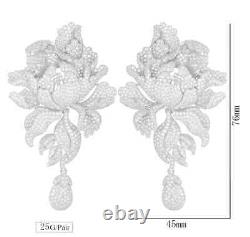 935 Silver Flower Pierced Full 9CT Brilliant Round Cut Cubic Zirconia Earrings