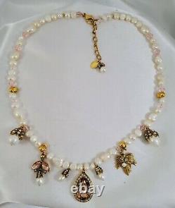 Alexander Mcqueen Signed Gold Tone Pearl And Crystal Charm Necklace, Nwot