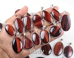 Amazing 100 Pieces Natural Red Tiger Eye Gemstone Silver Plated Pendant Jewelry