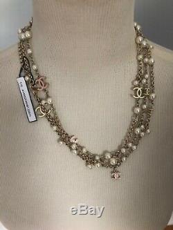 Amazing Chanel White Pearl Pink Enamel CC 62 Inch Strand Opera Long Necklace NEW