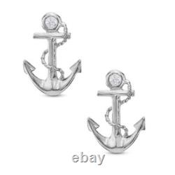 Anchor Stud Earrings Solid 10K White Gold Round Cut For Women