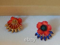 Anthropologie Earrings Red Flower Blue Crystals Beautiful Designer Post $148