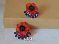 Anthropologie Earrings Red Flower Blue Crystals Beautiful Designer Post $148