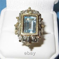 Antique 14K Gold Aquamarine Diamond Ring Art Deco Spectacular Unique Beautiful