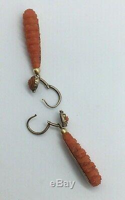 Antique Victorian Gold Beautifully Carved Coral Torpedo Style Drop Earrings