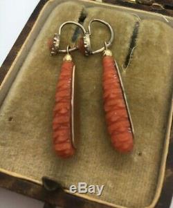 Antique Victorian Gold Beautifully Carved Coral Torpedo Style Drop Earrings