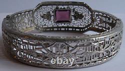 Art Deco Beauty Vintage Faceted Purple Glass Enamel Silver Filigree Bracelet