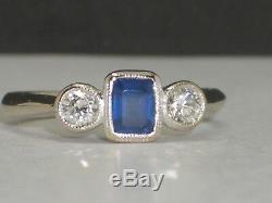 Art Deco Style Sapphire & Diamond Ring. Beautiful Blue Emerald Cut Sapphire