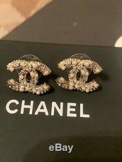 Auth CHANEL CC Logo Classic Stud Earrings Crystal Gold-Tone