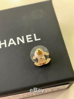 Auth CHANEL CC Logo Classic Stud Earrings Crystal Gold-Tone Mini
