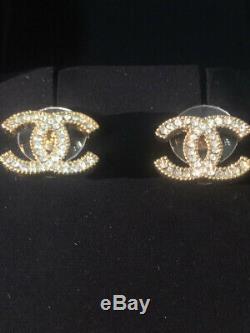 Auth CHANEL CC Logo Classic Stud Earrings Crystal Gold tone
