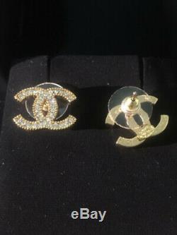 Auth CHANEL CC Logo Classic Stud Earrings Crystal Gold tone