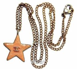 Auth CHANEL CC Logo Peach Star Pendant Gold Tone Chain Necklace Rare Vintage