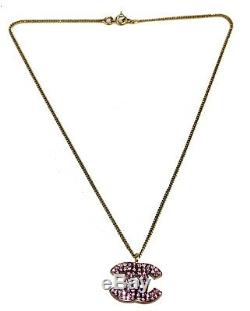 Auth Chanel CC Logo Pink Stone Pendant Gold Tone Chain Necklace 11gm France Rare