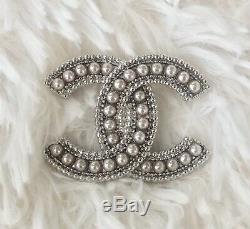 Authentic CHANEL Classic CC Large Silver With Pearl Pin Brooch
