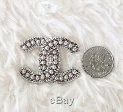 Authentic CHANEL Classic CC Large Silver With Pearl Pin Brooch