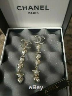Authentic CHANEL Earrings Huge Crystal CC Logo Gold-tone in Box NR