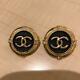 Authentic Chanel Vintage Earrings Gold Black Coco Clip Cc Logo Used Ac0053