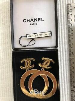Authentic CHANEL Vintage Gold Logo Clip pierced/on Drop Earrings