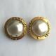 Authentic Chanel Vintage Pearl Gold Logo Clip On Earrings Coco Hce004