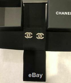 Authentic Chanel 2019 CC Logo Crystal Gold Tone Brass Earrings Studs Aged Finish